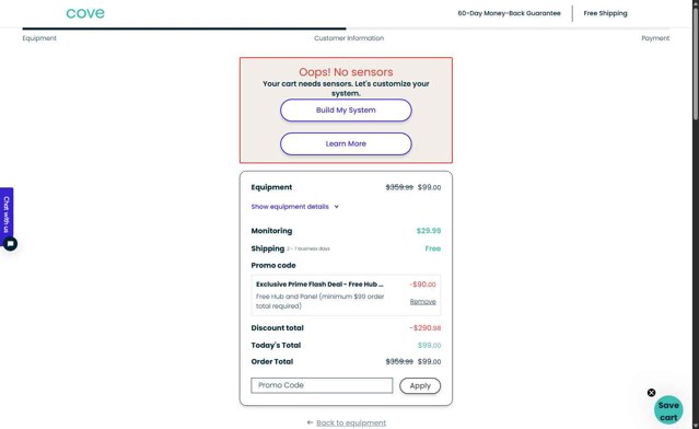 Cove Security checkout page showing Cove Security promo code box | Screenshot taken by SimplyCodes community member on Jul 23, 2025