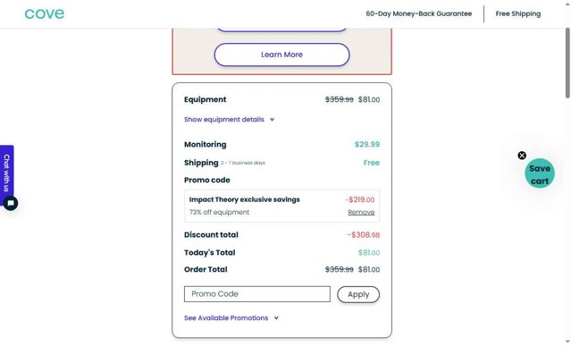 Cove Security checkout page showing Cove Security promo code box | Screenshot taken by SimplyCodes community member on Aug 18, 2025
