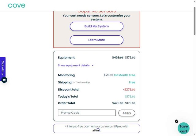 Cove Security checkout page showing Cove Security promo code box | Screenshot taken by SimplyCodes community member on Jul 12, 2025