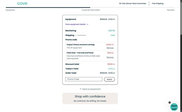 Cove Security checkout page showing Cove Security promo code box | Screenshot taken by SimplyCodes community member on Jul 25, 2025