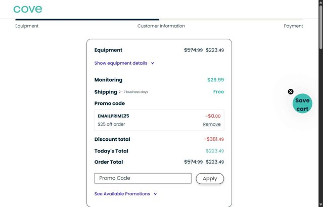 Cove Security checkout page showing Cove Security promo code box | Screenshot taken by SimplyCodes community member on Aug 22, 2025