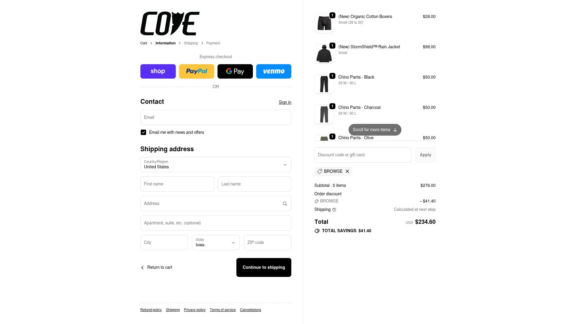 Cove USA checkout page showing Cove USA discount code box | Screenshot taken by SimplyCodes community member on Nov 23, 2025