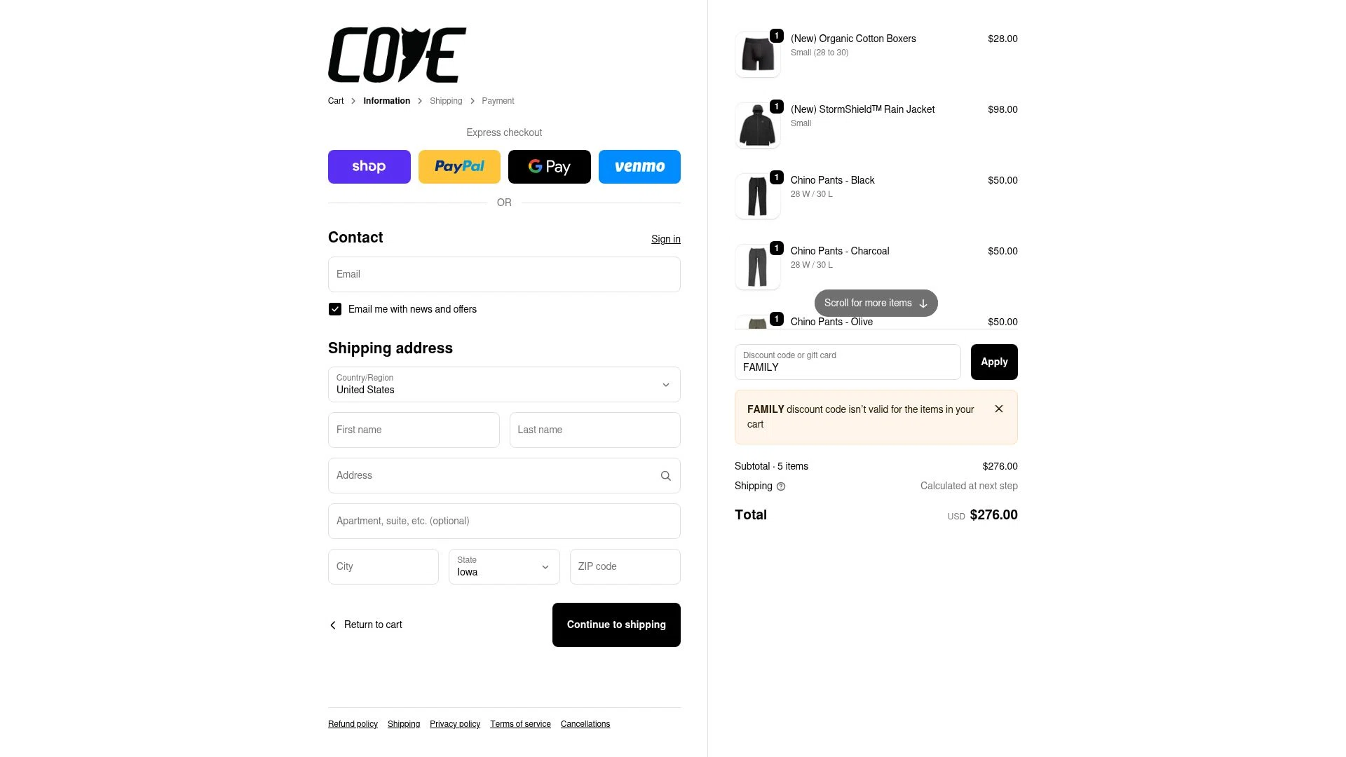 Cove USA checkout page showing Cove USA discount code box | Screenshot taken by SimplyCodes community member on Nov 23, 2025