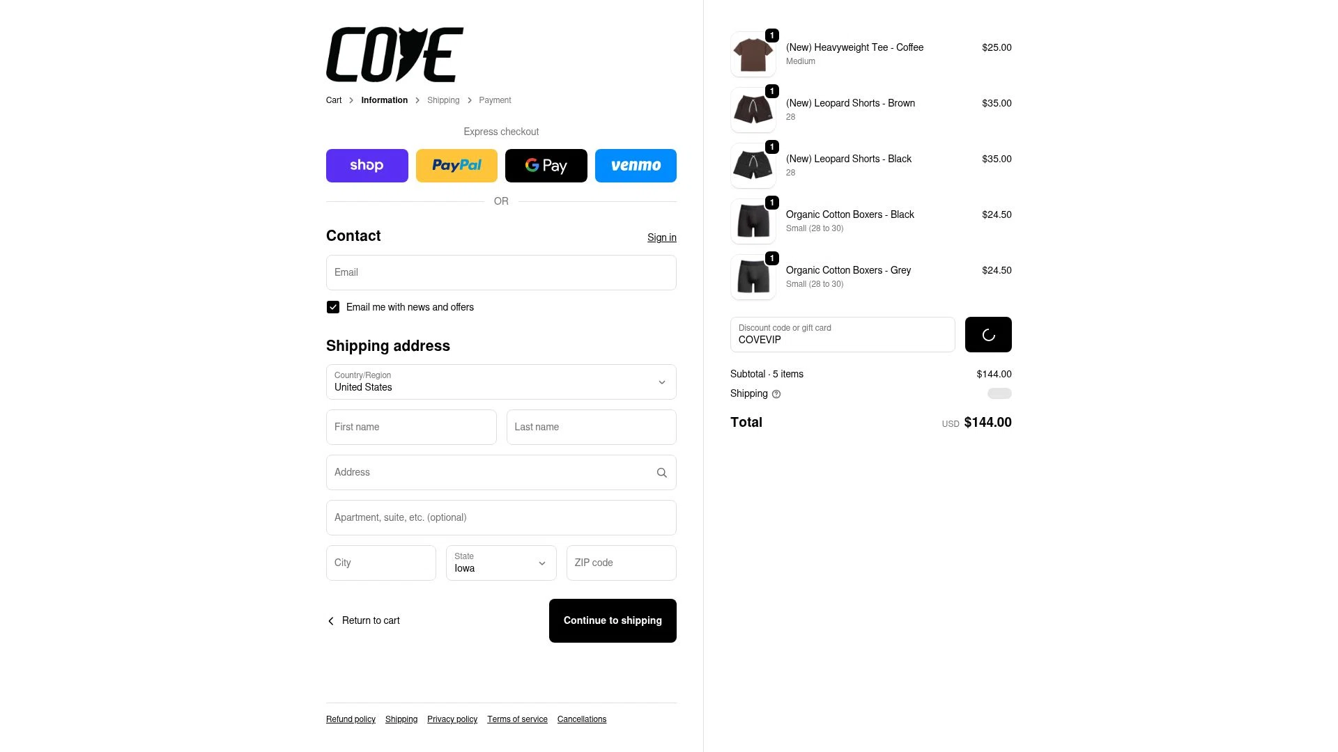 Cove USA checkout page showing Cove USA discount code box | Screenshot taken by SimplyCodes community member on Feb 18, 2026