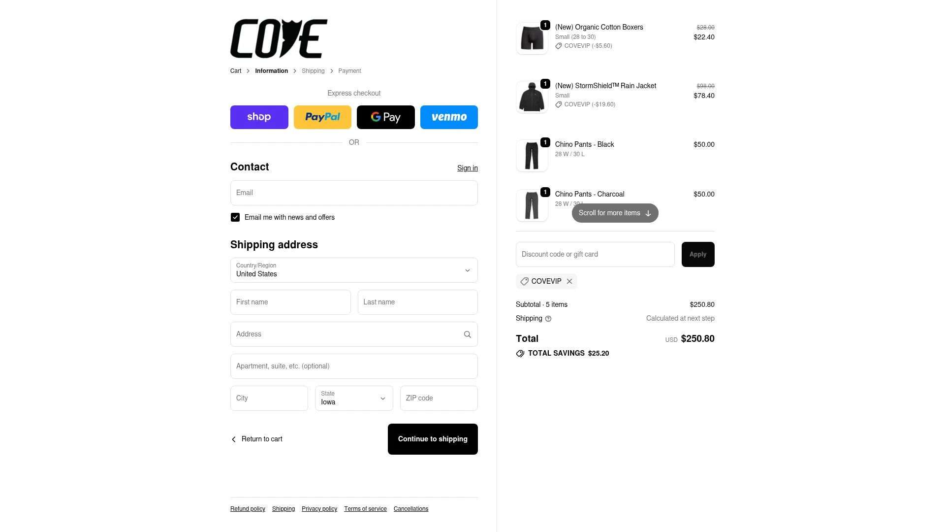 Cove USA checkout page showing Cove USA discount code box | Screenshot taken by SimplyCodes community member on Nov 23, 2025