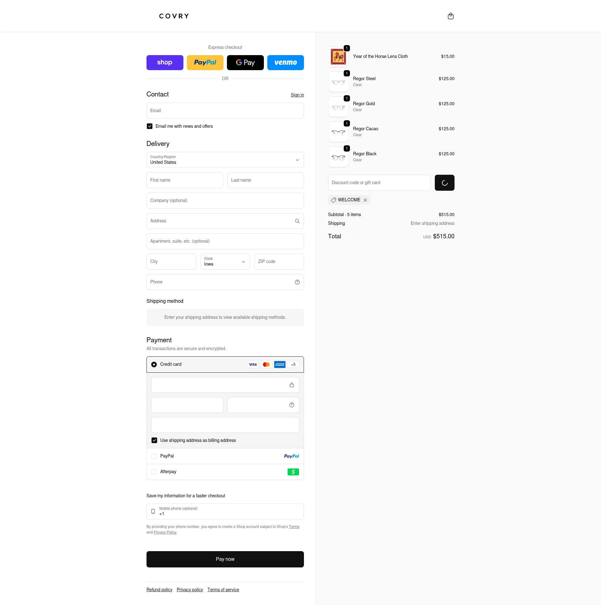 Covry checkout page showing Covry discount code box | Screenshot taken by SimplyCodes community member on Feb 17, 2026