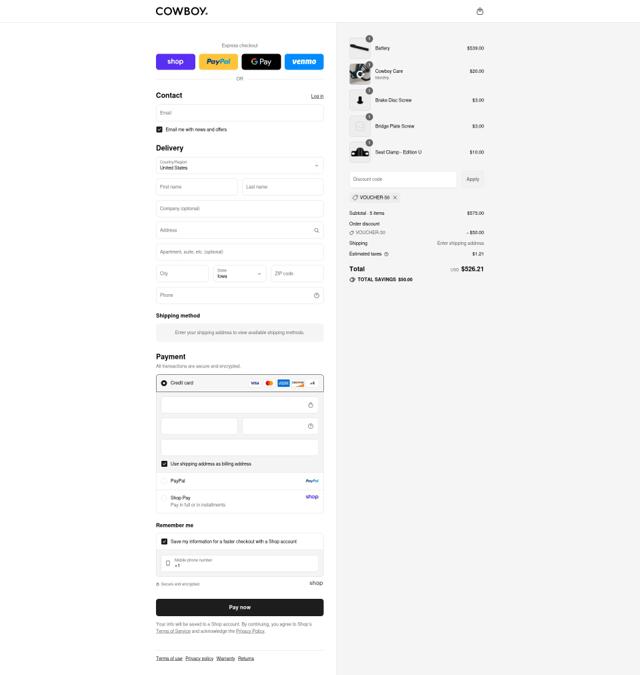 Cowboy checkout page showing Cowboy promo code box | Screenshot taken by SimplyCodes community member on Sep 7, 2025
