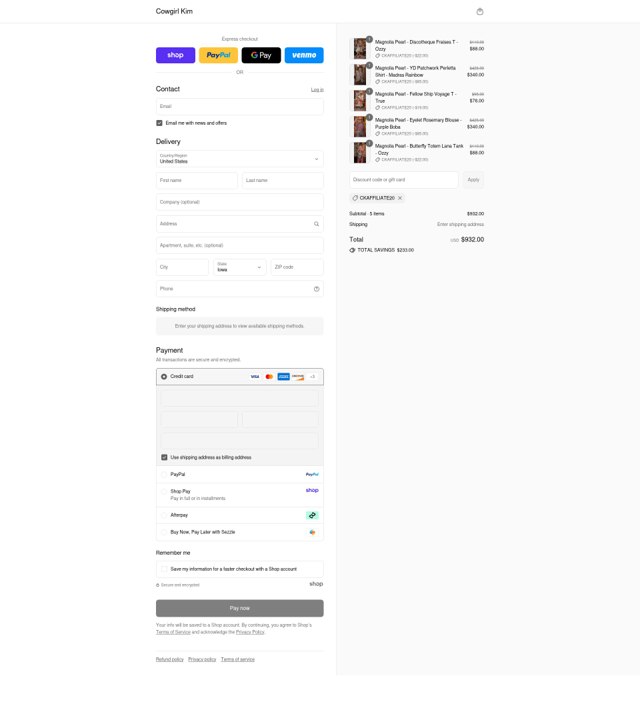Cowgirl Kim checkout page showing Cowgirl Kim coupon code box | Screenshot taken by SimplyCodes community member on Aug 30, 2025