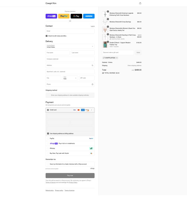 Cowgirl Kim checkout page showing Cowgirl Kim coupon code box | Screenshot taken by SimplyCodes community member on Aug 12, 2025