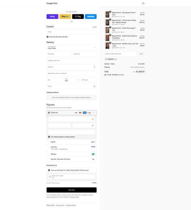 Cowgirl Kim checkout page showing Cowgirl Kim coupon code box | Screenshot taken by SimplyCodes community member on Aug 30, 2025