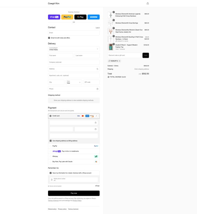 Cowgirl Kim checkout page showing Cowgirl Kim coupon code box | Screenshot taken by SimplyCodes community member on Aug 12, 2025