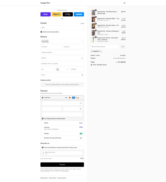 Cowgirl Kim checkout page showing Cowgirl Kim coupon code box | Screenshot taken by SimplyCodes community member on Sep 3, 2025
