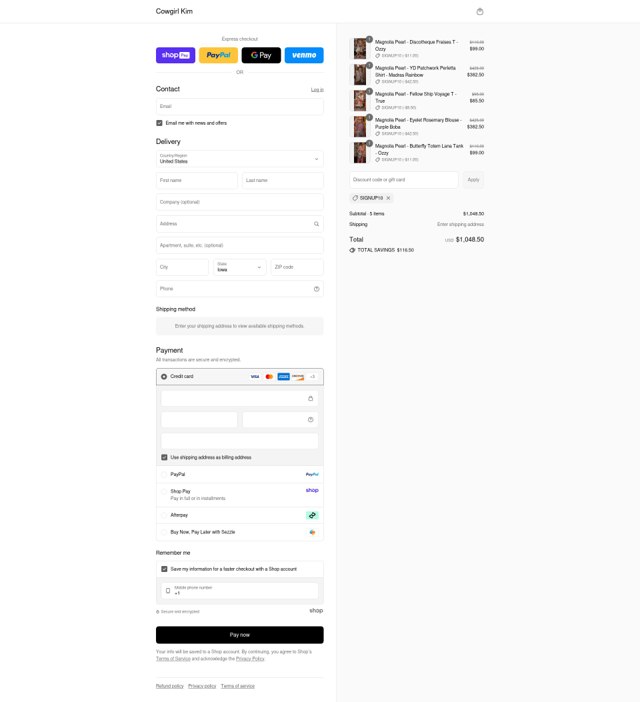 Cowgirl Kim checkout page showing Cowgirl Kim coupon code box | Screenshot taken by SimplyCodes community member on Aug 26, 2025