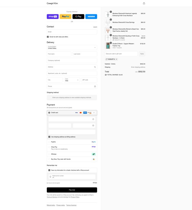 Cowgirl Kim checkout page showing Cowgirl Kim coupon code box | Screenshot taken by SimplyCodes community member on Aug 16, 2025