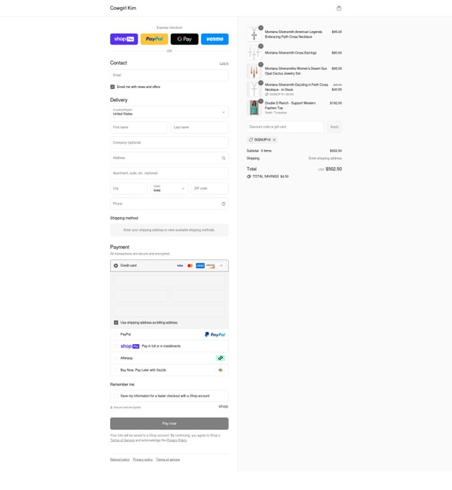 Cowgirl Kim checkout page showing Cowgirl Kim coupon code box | Screenshot taken by SimplyCodes community member on Aug 9, 2025