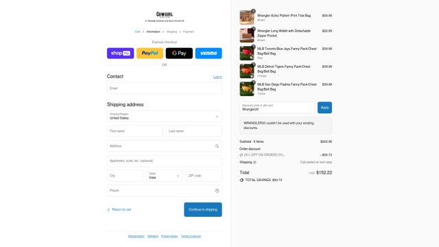Cowgirl Wear checkout page showing Cowgirl Wear discount code box | Screenshot taken by SimplyCodes community member on Aug 28, 2025