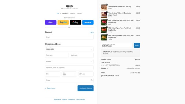 Cowgirl Wear checkout page showing Cowgirl Wear discount code box | Screenshot taken by SimplyCodes community member on Sep 1, 2025