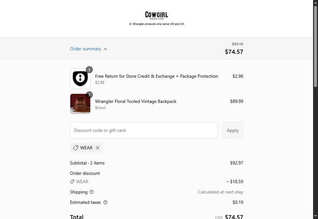 Cowgirl Wear checkout page showing Cowgirl Wear discount code box | Screenshot taken by SimplyCodes community member on Aug 29, 2025