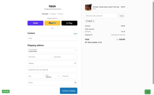 Cowgirl Wear checkout page showing Cowgirl Wear discount code box | Screenshot taken by SimplyCodes community member on Sep 4, 2025