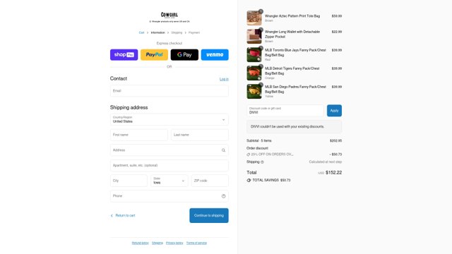 Cowgirl Wear checkout page showing Cowgirl Wear discount code box | Screenshot taken by SimplyCodes community member on Aug 28, 2025