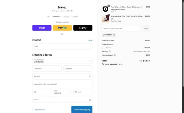 Cowgirl Wear checkout page showing Cowgirl Wear discount code box | Screenshot taken by SimplyCodes community member on Sep 2, 2025