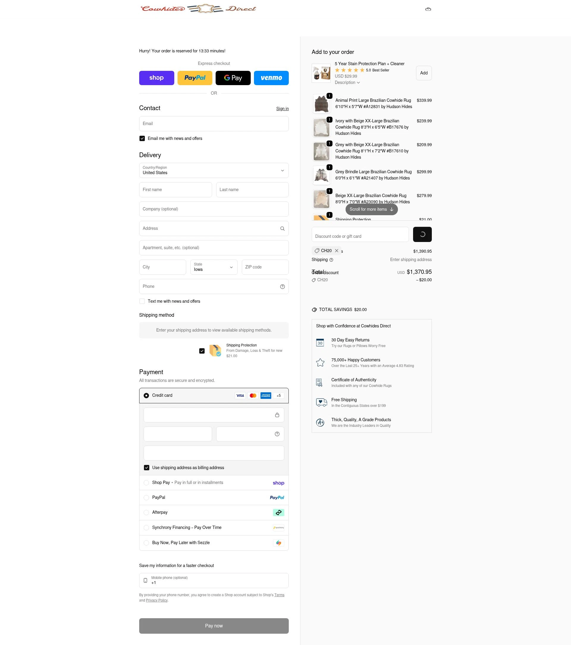 Cowhides Direct checkout page showing Cowhides Direct discount code box | Screenshot taken by SimplyCodes community member on Feb 7, 2026