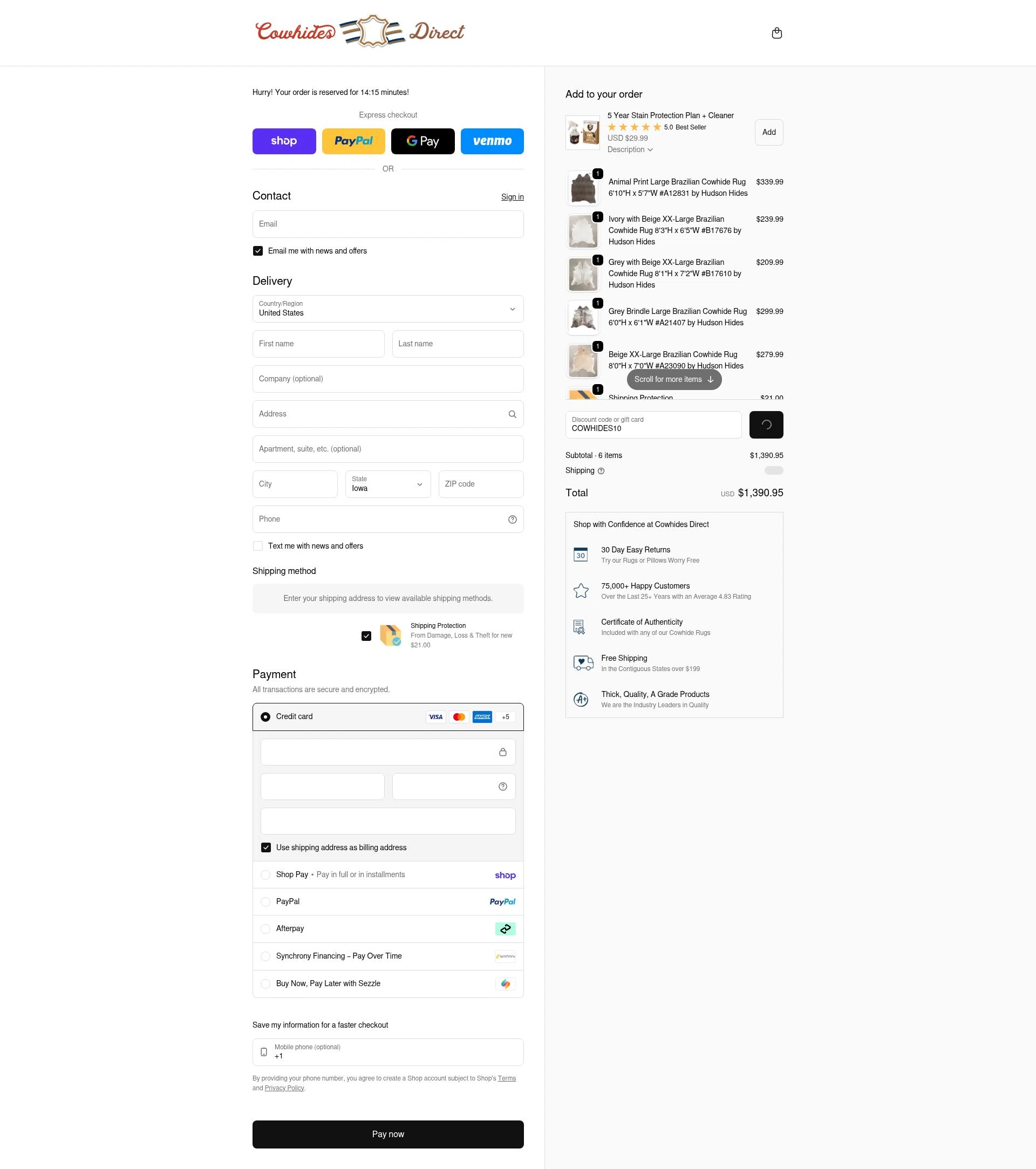 Cowhides Direct checkout page showing Cowhides Direct discount code box | Screenshot taken by SimplyCodes community member on Feb 7, 2026