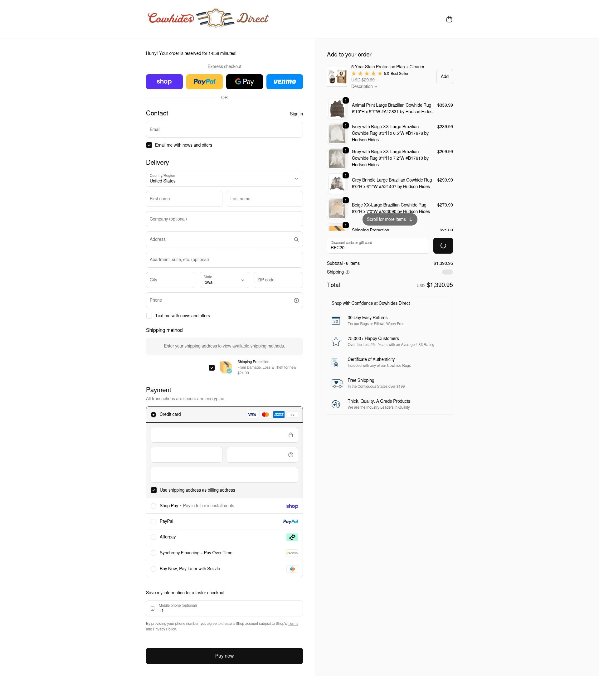 Cowhides Direct checkout page showing Cowhides Direct discount code box | Screenshot taken by SimplyCodes community member on Feb 7, 2026