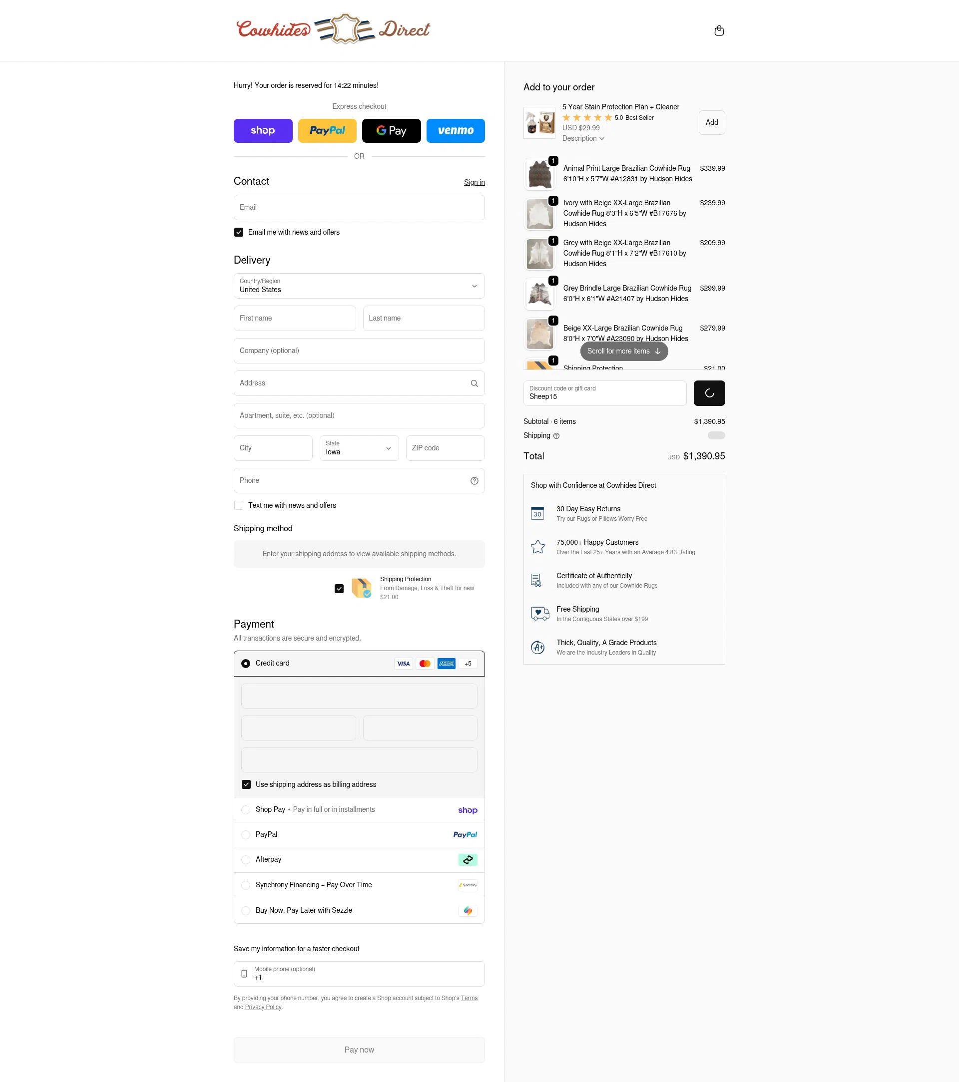Cowhides Direct checkout page showing Cowhides Direct discount code box | Screenshot taken by SimplyCodes community member on Feb 7, 2026