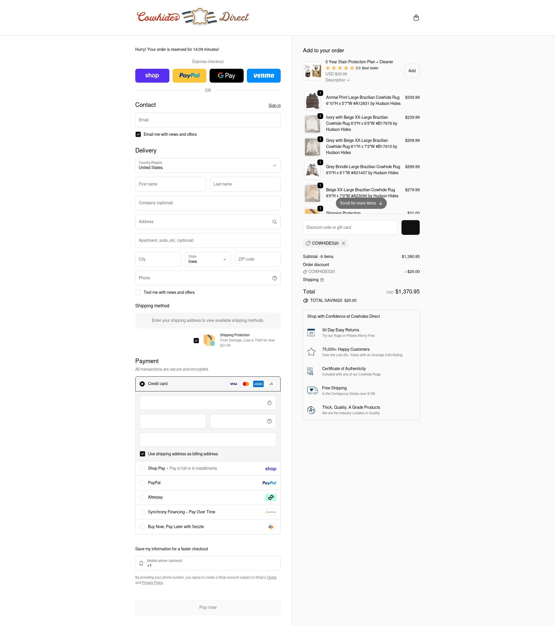 Cowhides Direct checkout page showing Cowhides Direct discount code box | Screenshot taken by SimplyCodes community member on Feb 7, 2026