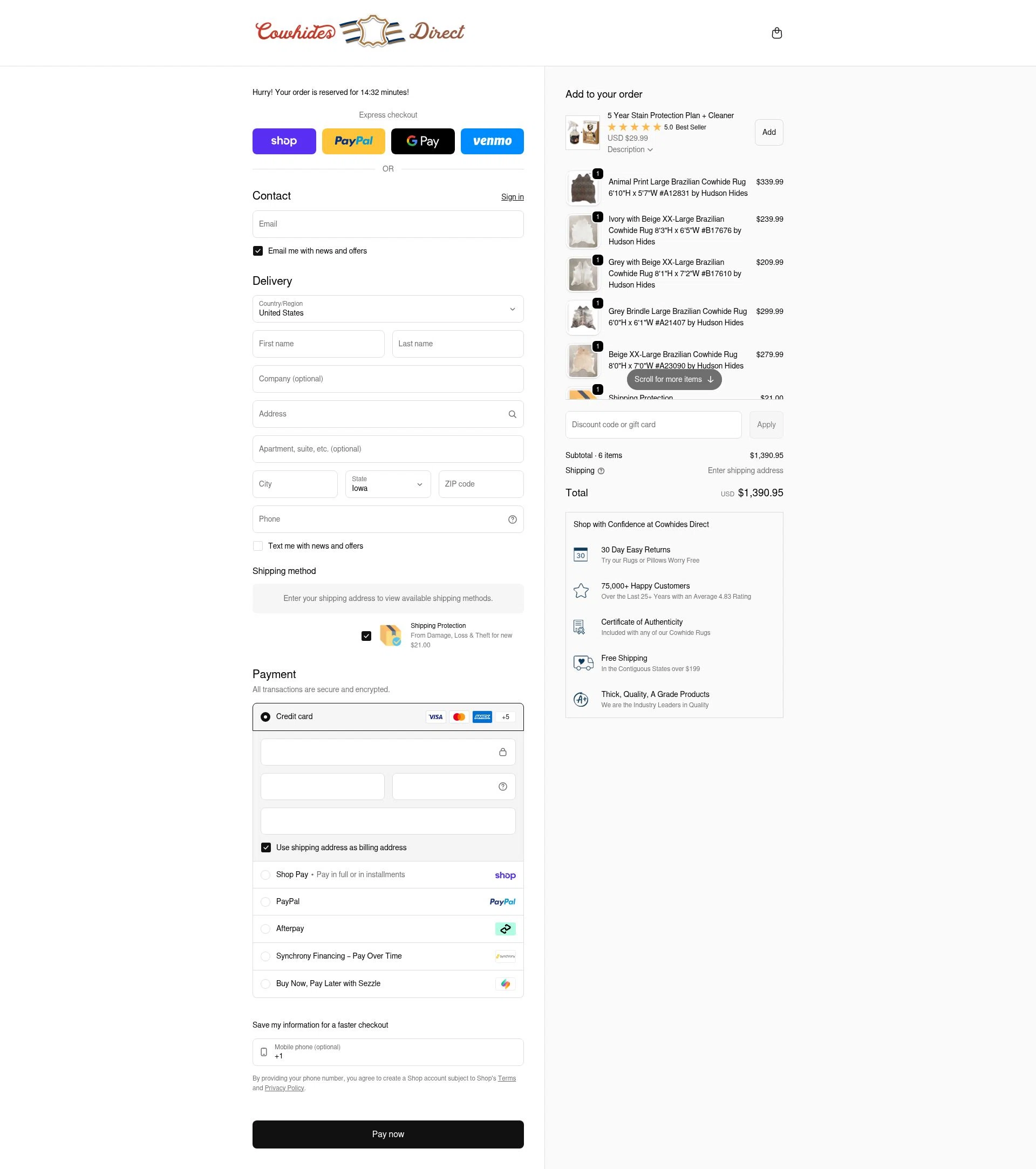 Cowhides Direct checkout page showing Cowhides Direct discount code box | Screenshot taken by SimplyCodes community member on Feb 7, 2026