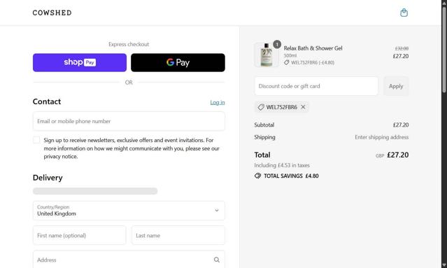 Cowshed checkout page showing Cowshed discount code box | Screenshot taken by SimplyCodes community member on Jul 10, 2025