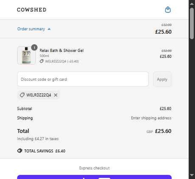 Cowshed checkout page showing Cowshed discount code box | Screenshot taken by SimplyCodes community member on Jun 30, 2025