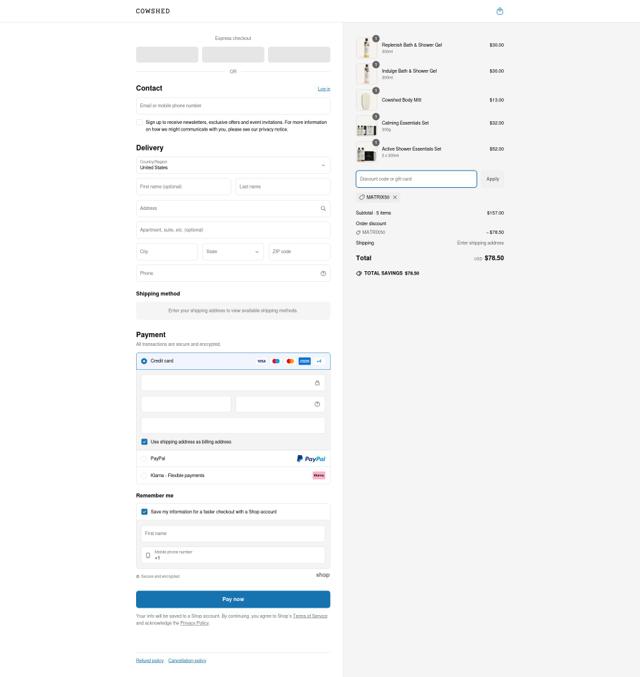Cowshed checkout page showing Cowshed discount code box | Screenshot taken by SimplyCodes community member on Apr 24, 2025