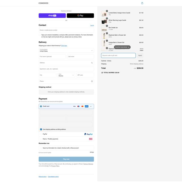 Cowshed checkout page showing Cowshed discount code box | Screenshot taken by SimplyCodes community member on Jun 15, 2025