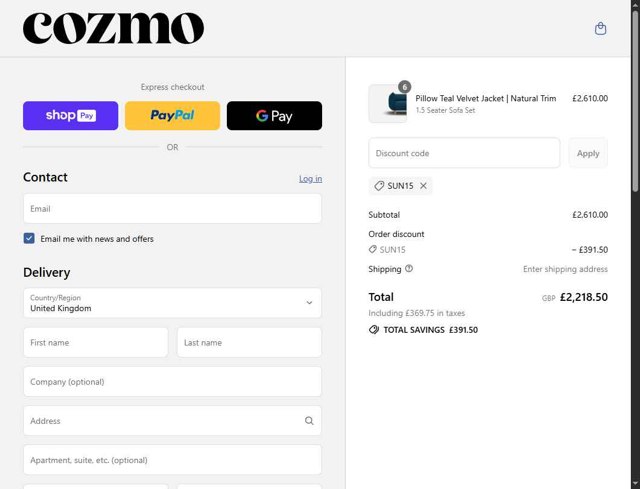 Cozmo checkout page showing Cozmo promo code box | Screenshot taken by SimplyCodes community member on Aug 21, 2025