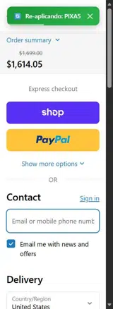 PIXA5 coupon verification screenshot