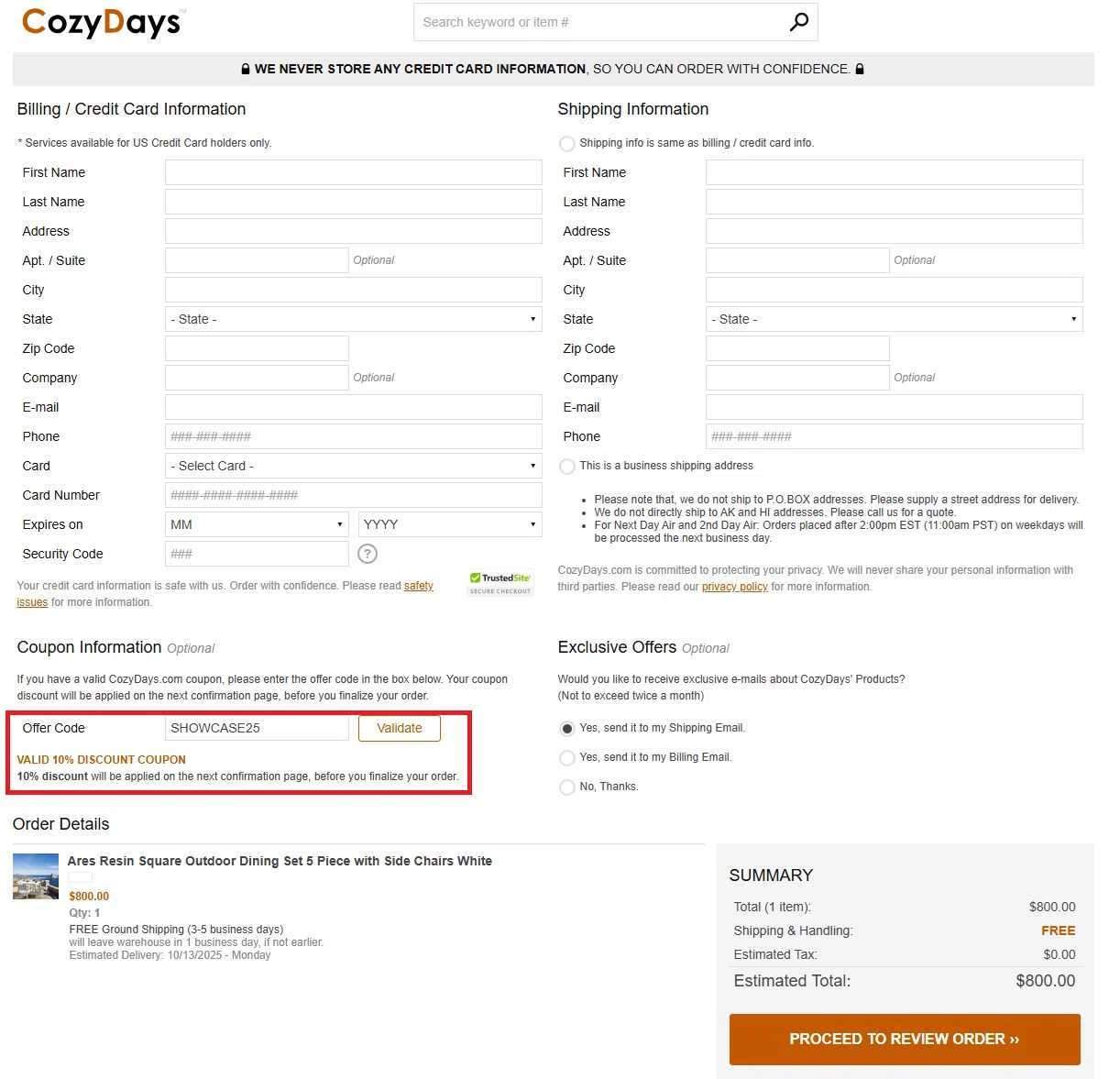 CozyDays coupon code screenshot showing code SHOWCASE25 applied at CozyDays checkout page. Uploaded by SimplyCodes community member CleverCollector3021 on Nov 24, 2025