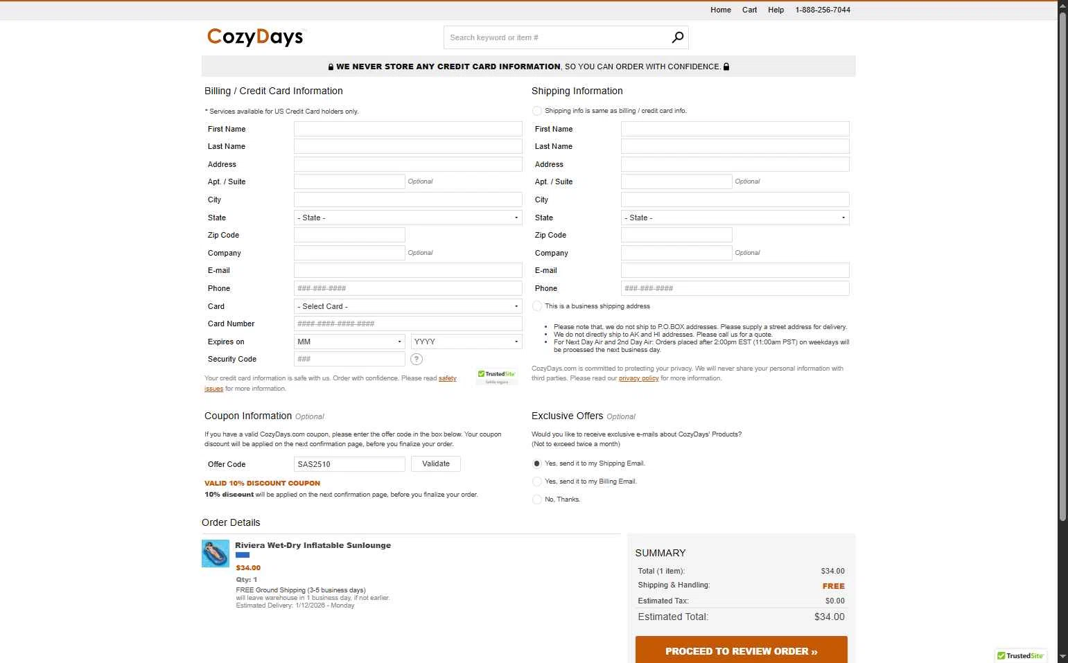 CozyDays checkout page showing CozyDays coupon code box | Screenshot taken by SimplyCodes community member on Jan 8, 2026