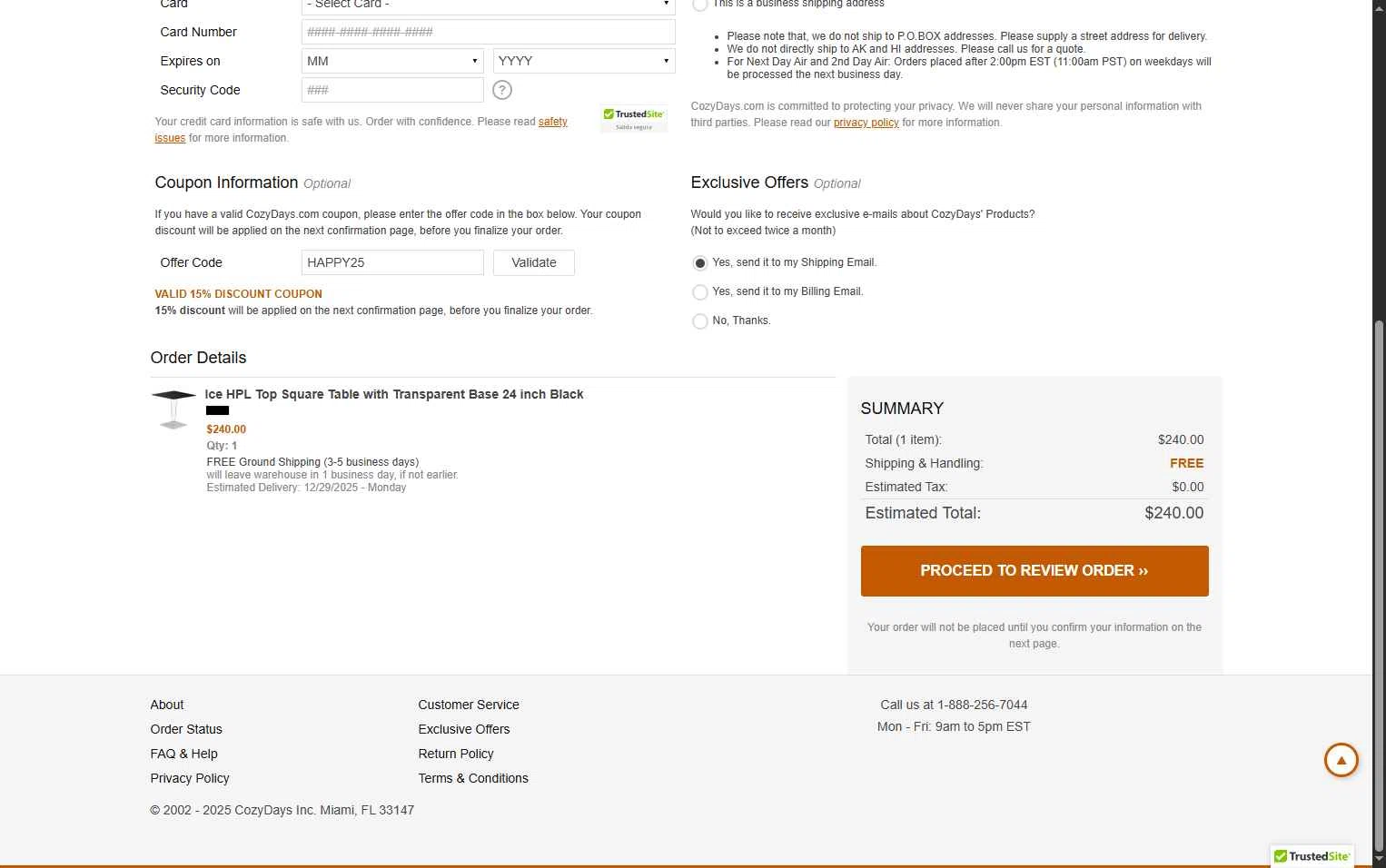 CozyDays checkout page showing CozyDays coupon code box | Screenshot taken by SimplyCodes community member on Dec 25, 2025