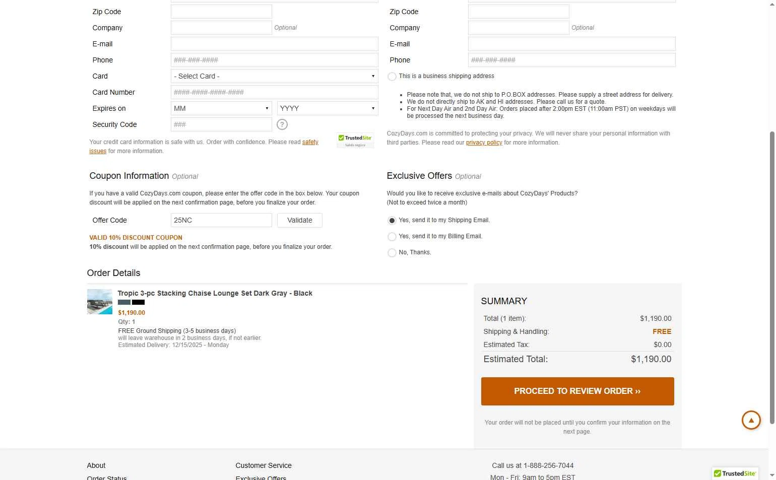CozyDays checkout page showing CozyDays coupon code box | Screenshot taken by SimplyCodes community member on Dec 10, 2025