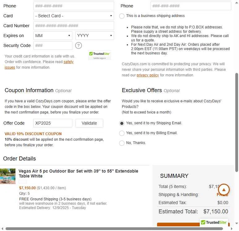 CozyDays checkout page showing CozyDays coupon code box | Screenshot taken by SimplyCodes community member on Dec 4, 2025