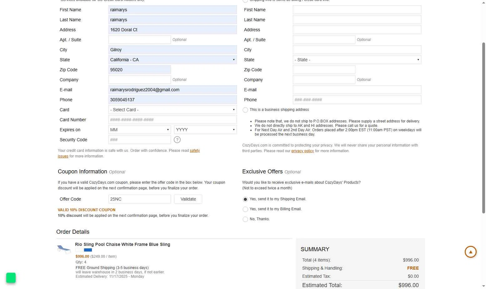 CozyDays checkout page showing CozyDays coupon code box | Screenshot taken by SimplyCodes community member on Nov 11, 2025