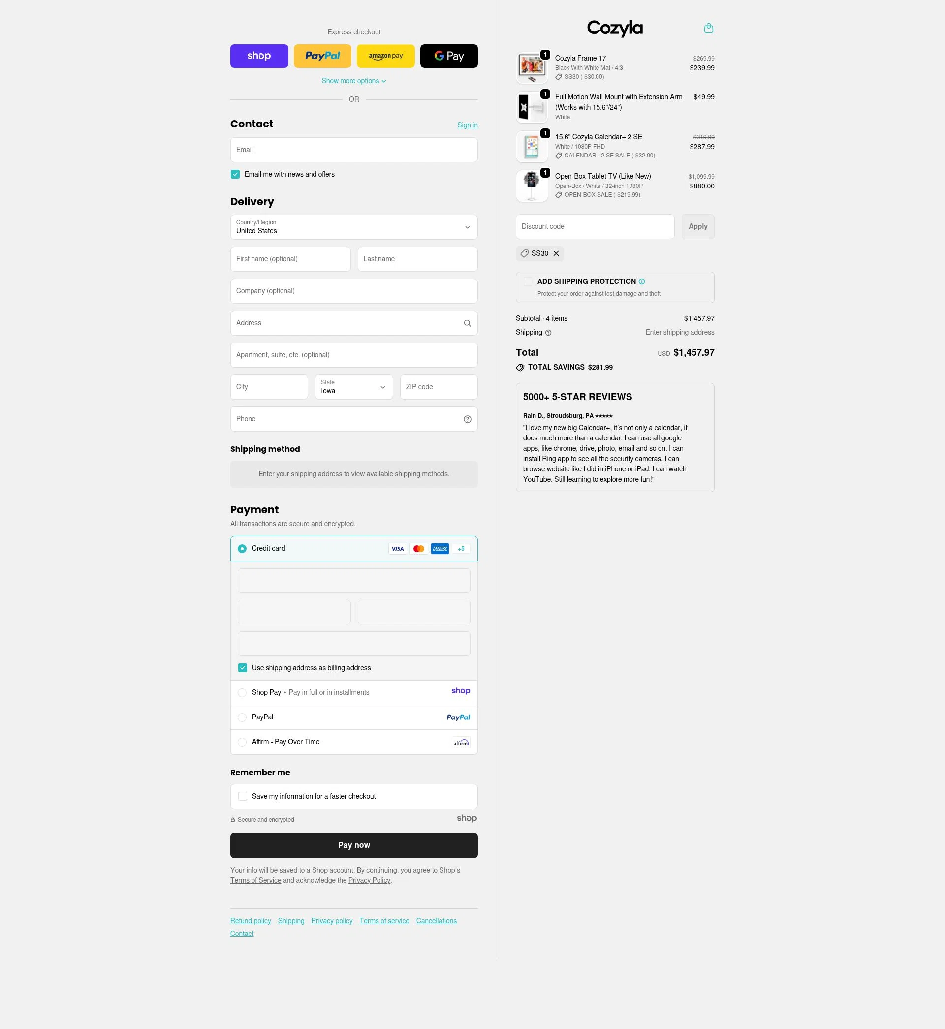 Cozyla checkout page showing Cozyla discount code box | Screenshot taken by SimplyCodes community member on Jan 7, 2026