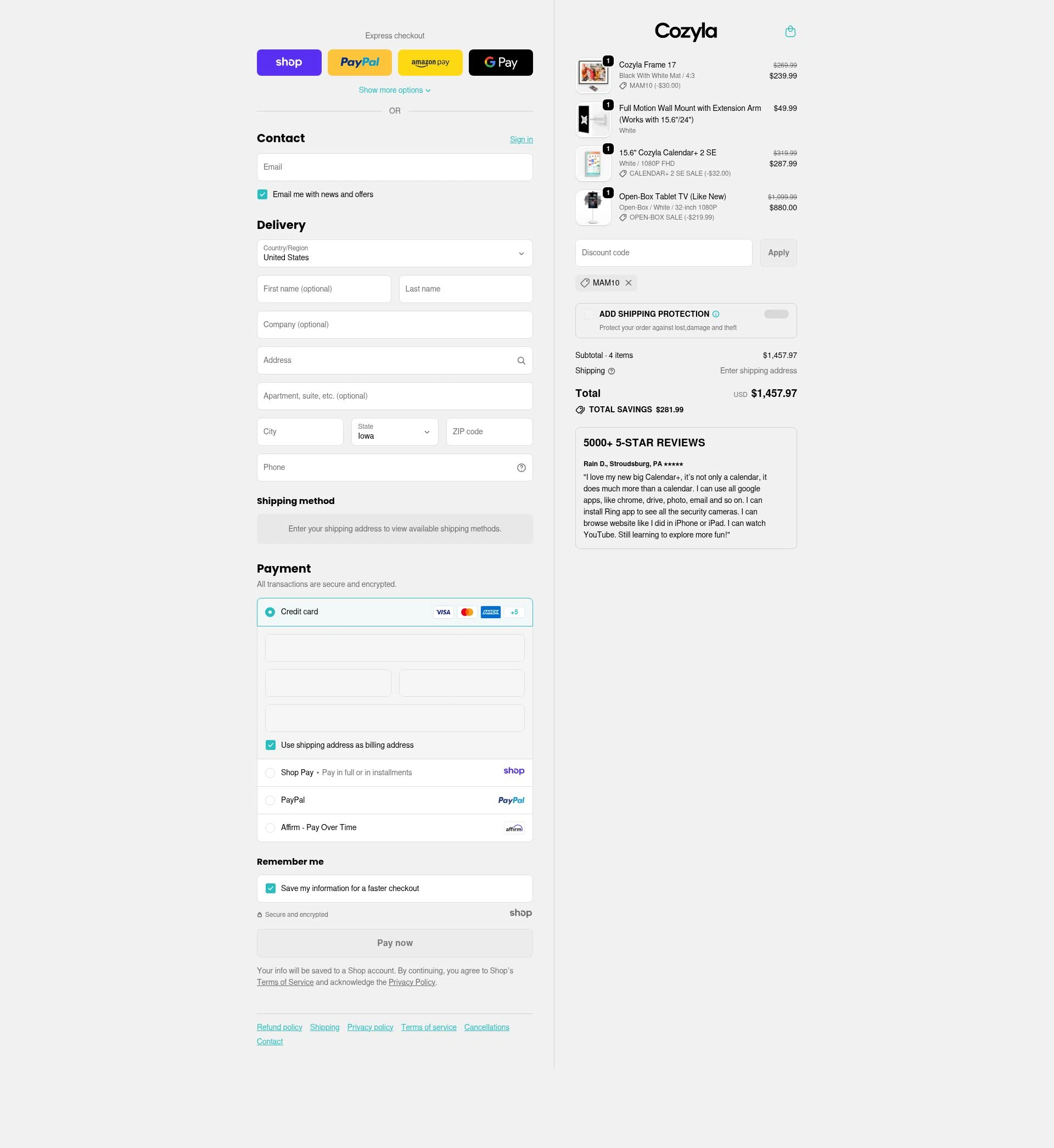 Cozyla checkout page showing Cozyla discount code box | Screenshot taken by SimplyCodes community member on Jan 7, 2026
