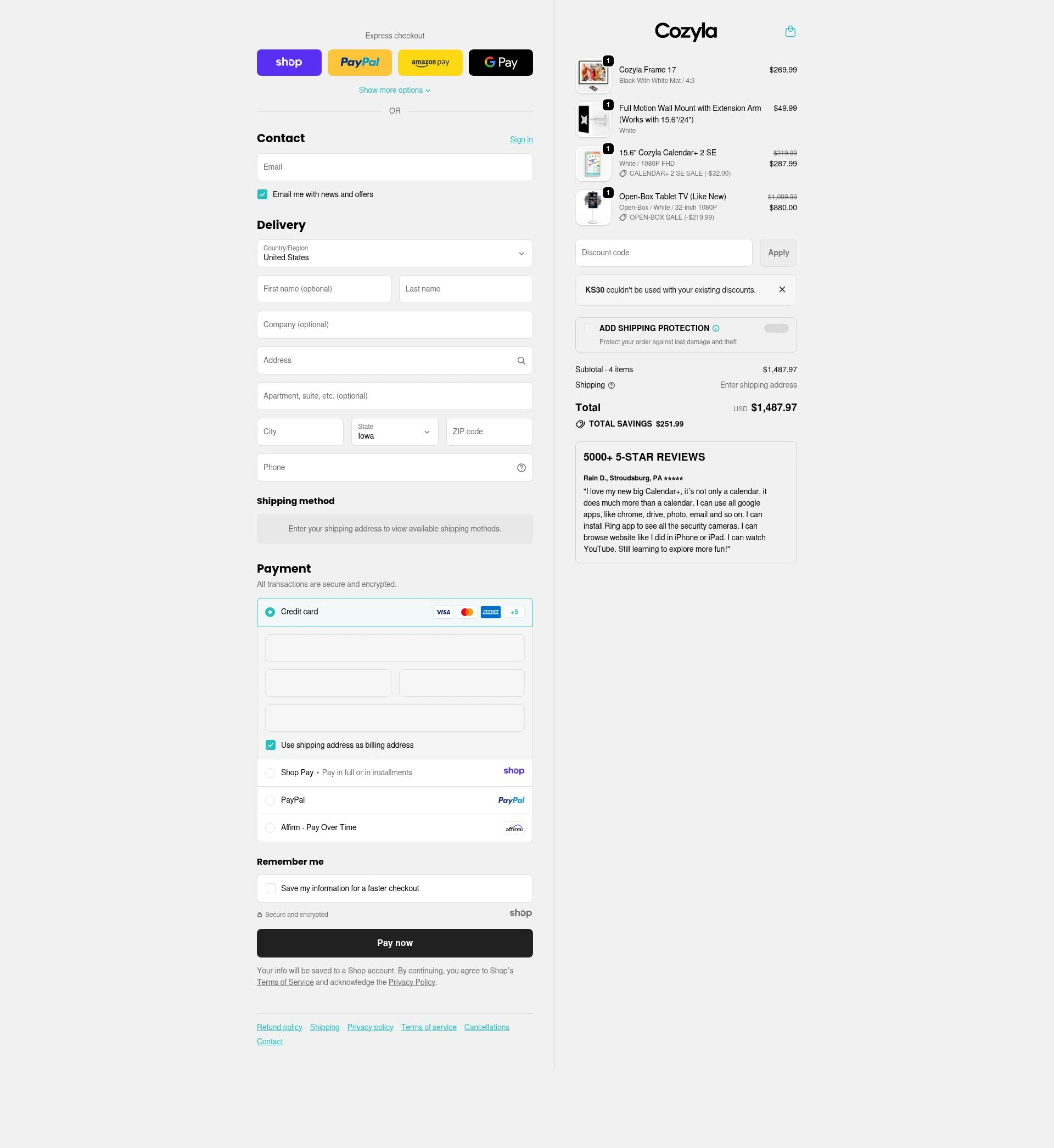 Cozyla checkout page showing Cozyla discount code box | Screenshot taken by SimplyCodes community member on Jan 7, 2026