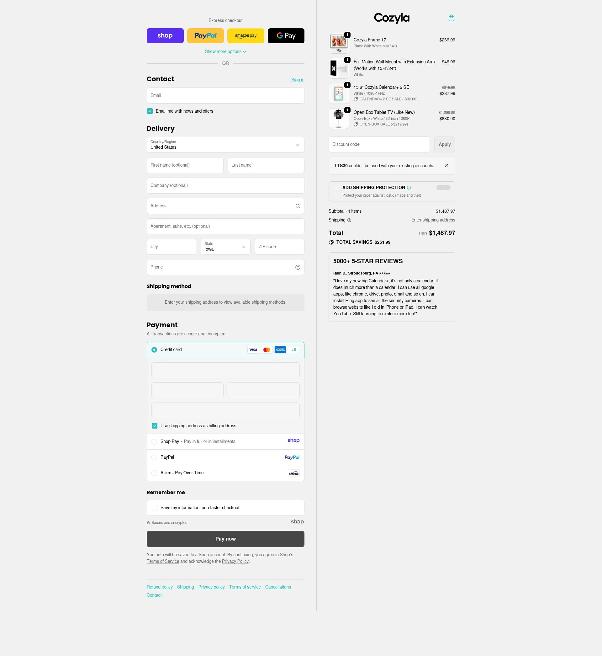 Cozyla checkout page showing Cozyla discount code box | Screenshot taken by SimplyCodes community member on Jan 7, 2026
