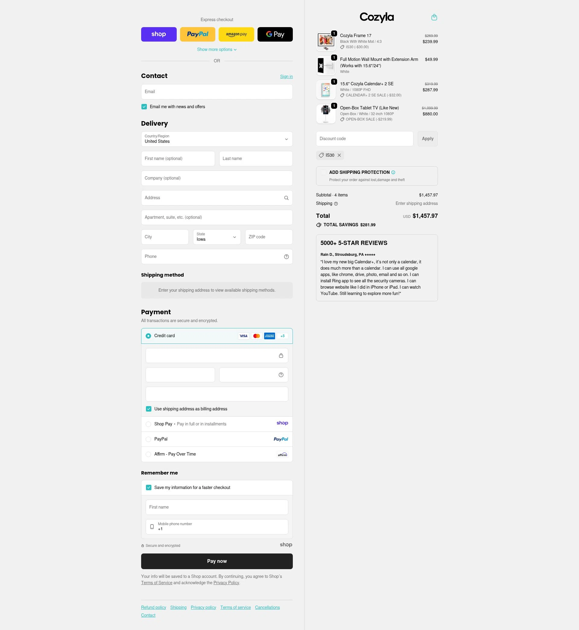 Cozyla checkout page showing Cozyla discount code box | Screenshot taken by SimplyCodes community member on Jan 7, 2026