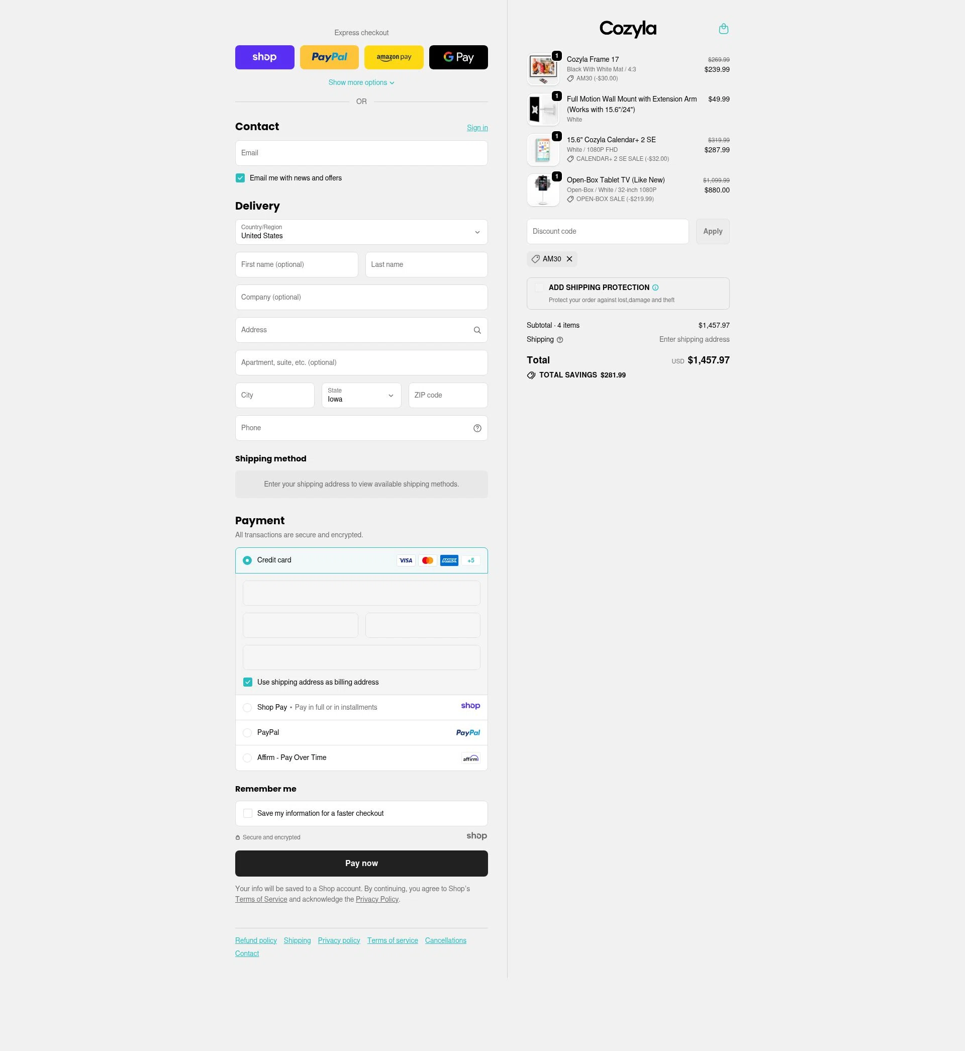 Cozyla checkout page showing Cozyla discount code box | Screenshot taken by SimplyCodes community member on Jan 7, 2026