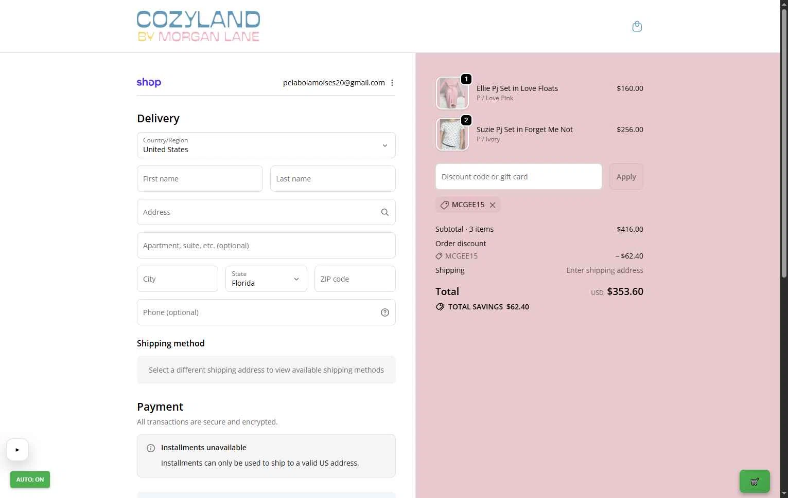 Cozyland checkout page showing Cozyland discount code box | Screenshot taken by SimplyCodes community member on Feb 6, 2026